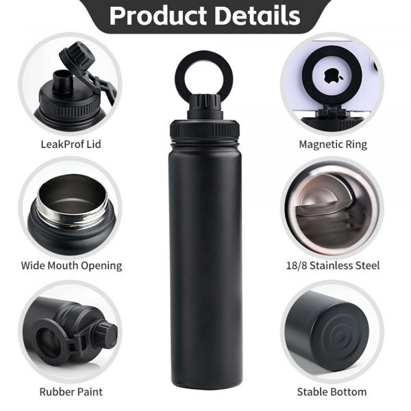 Deltafit 700ml Magnetic Water Bottle with Phone Holder – MagSafe Compatible Tripod (Black)