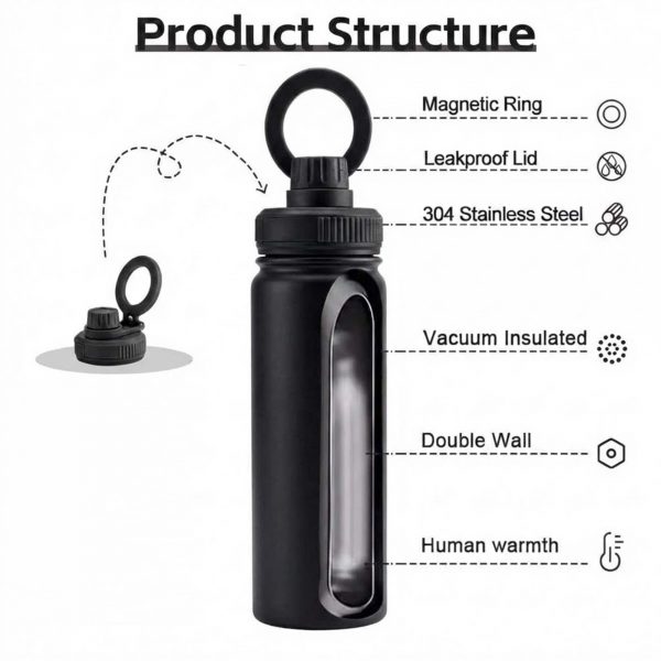 Deltafit 700ml Magnetic Water Bottle with Phone Holder – MagSafe Compatible Tripod (Black)