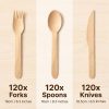 360-Piece Wooden Cutlery Set - Disposable Utensils 120 Forks, Spoons, Knives