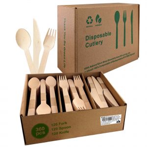 360-Piece Wooden Cutlery Set - Disposable Utensils 120 Forks, Spoons, Knives