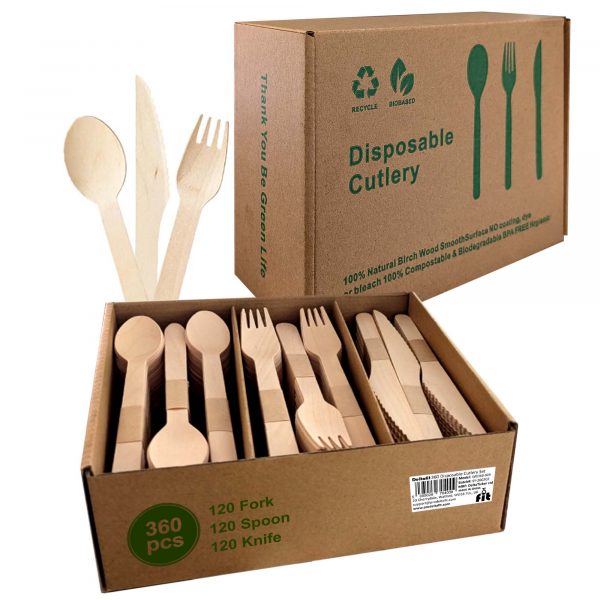 360-Piece Wooden Cutlery Set - Disposable Utensils 120 Forks, Spoons, Knives